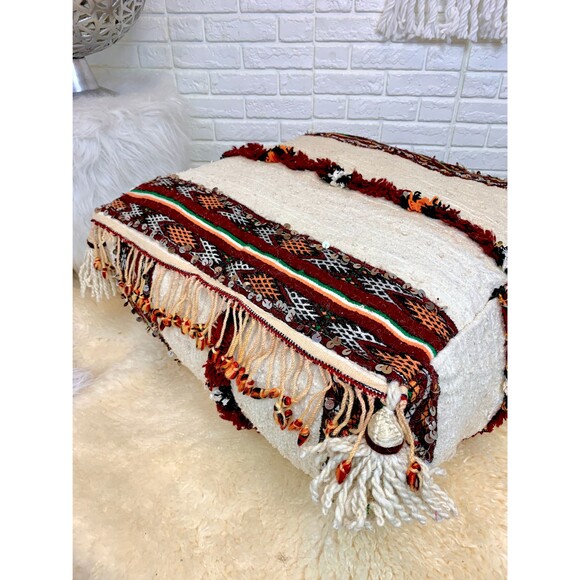 Handmade Moroccan Kilim Pouf: Berber Ottoman Floor Pillow 03YS00349 - Picture 2 of 10
